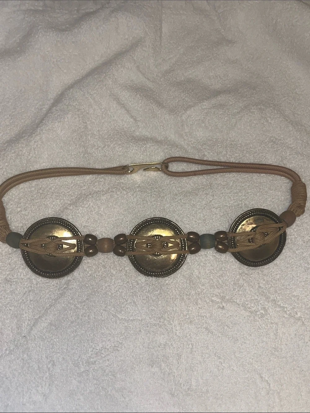 MIT Braided Tan Cord Waist Belt with Gold-Tone Coin Accents Wood Beads
